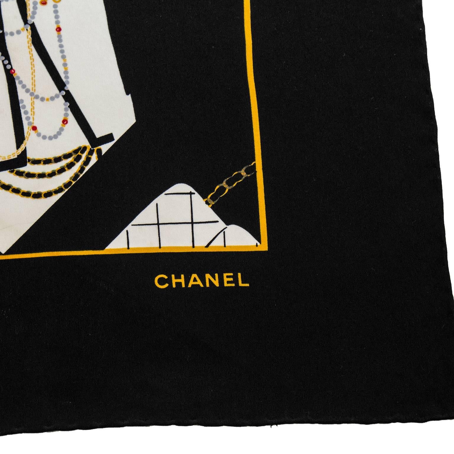 Black 1990's Chanel Silk Scarf with Coco Graphic 