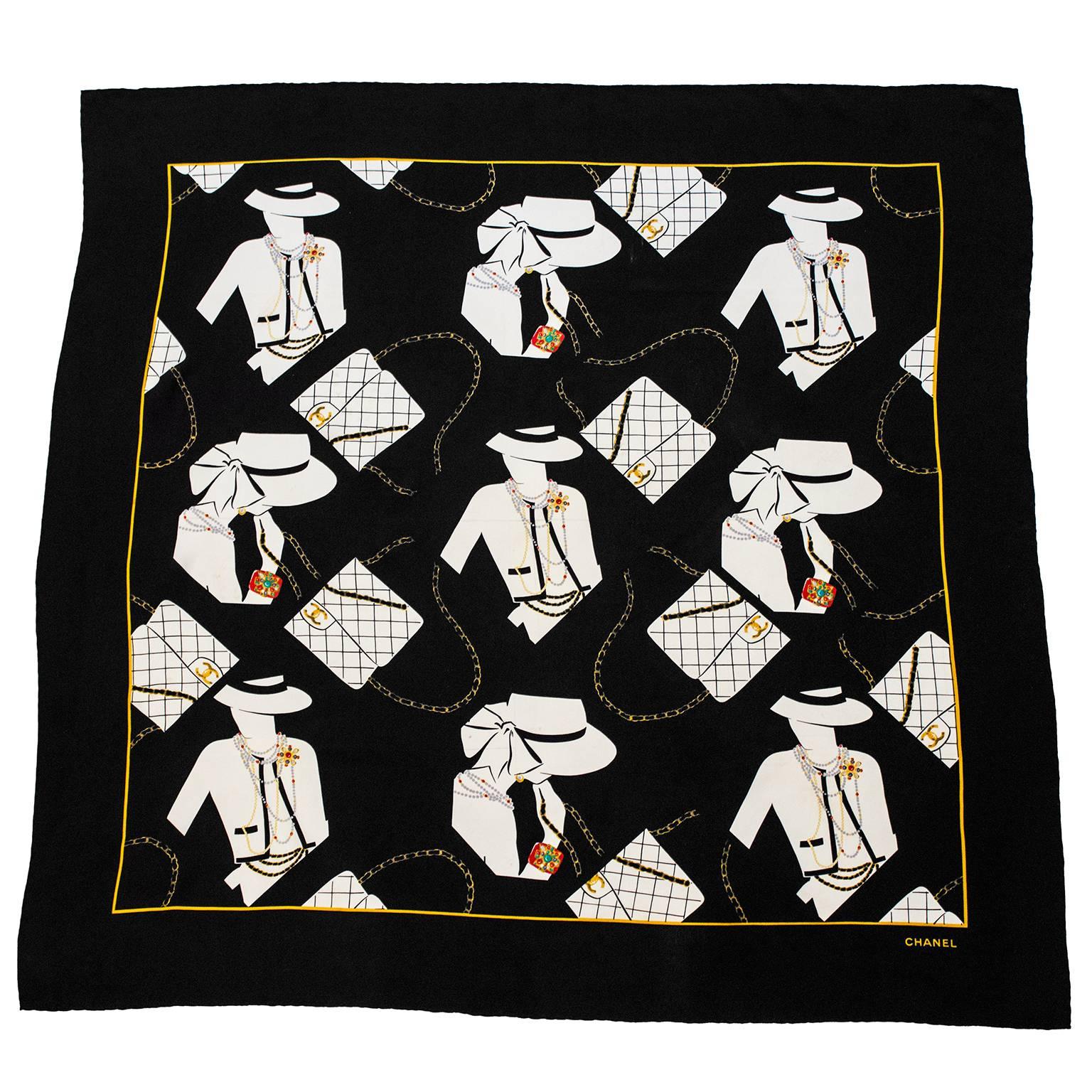 1990's Chanel Silk Scarf with Coco Graphic 