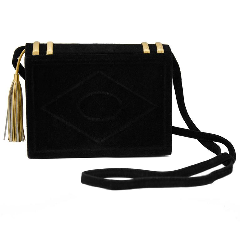 1980 S Paloma Picasso Black And Gold Faux Library Book Handbag At 1980s Paloma Picasso Black Suede Evening Purse With Gold Details And Tassel Diamond Shaped Quilted