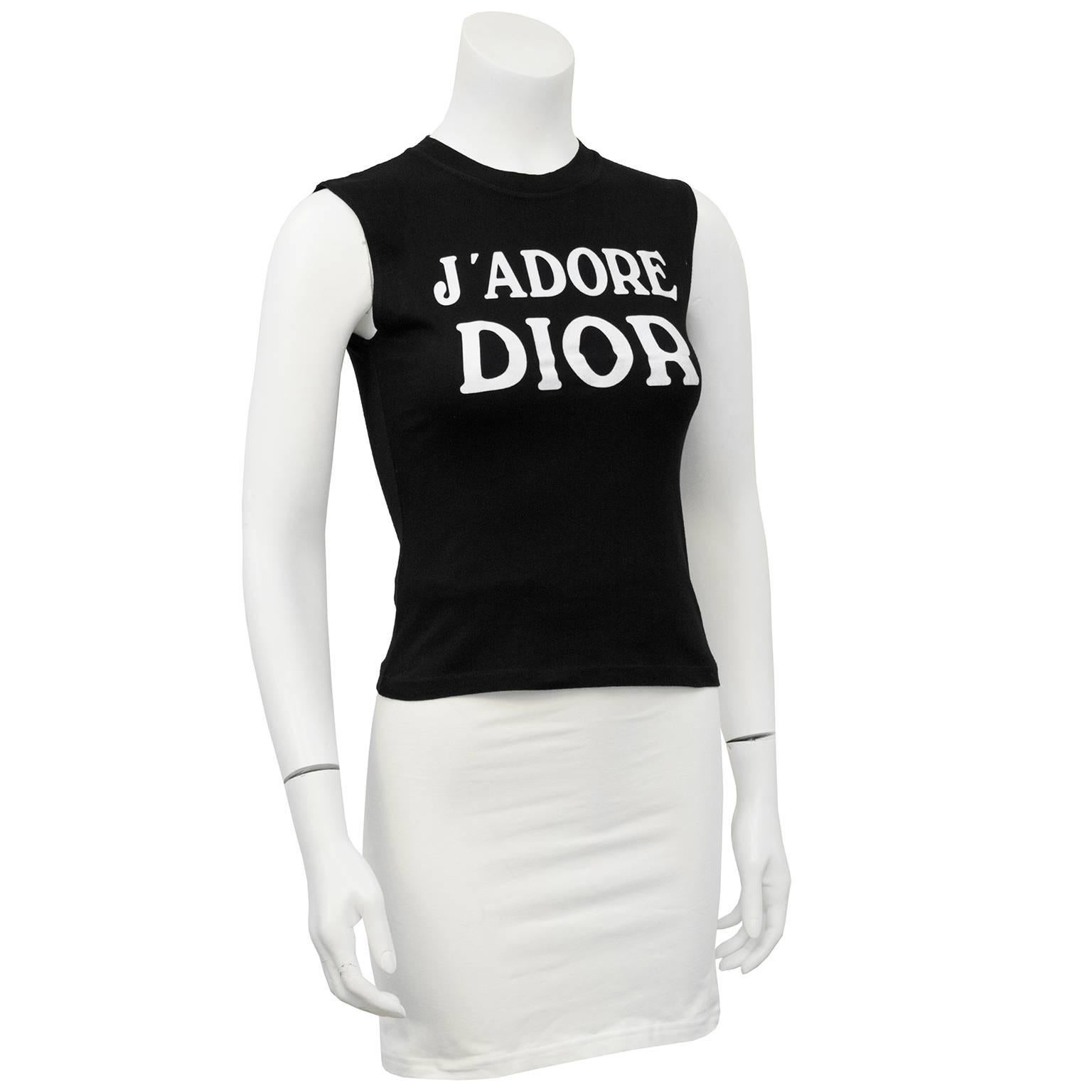 Iconic authentic John Galliano for Dior 1990's black with white 'J'ADORE DIOR' muscle t-shirt. Worn by many celebrities. Similar version worn by Carrie Bradshaw in the movie Sex and the City 2. Covetable and collectable. 100% cotton, excellent