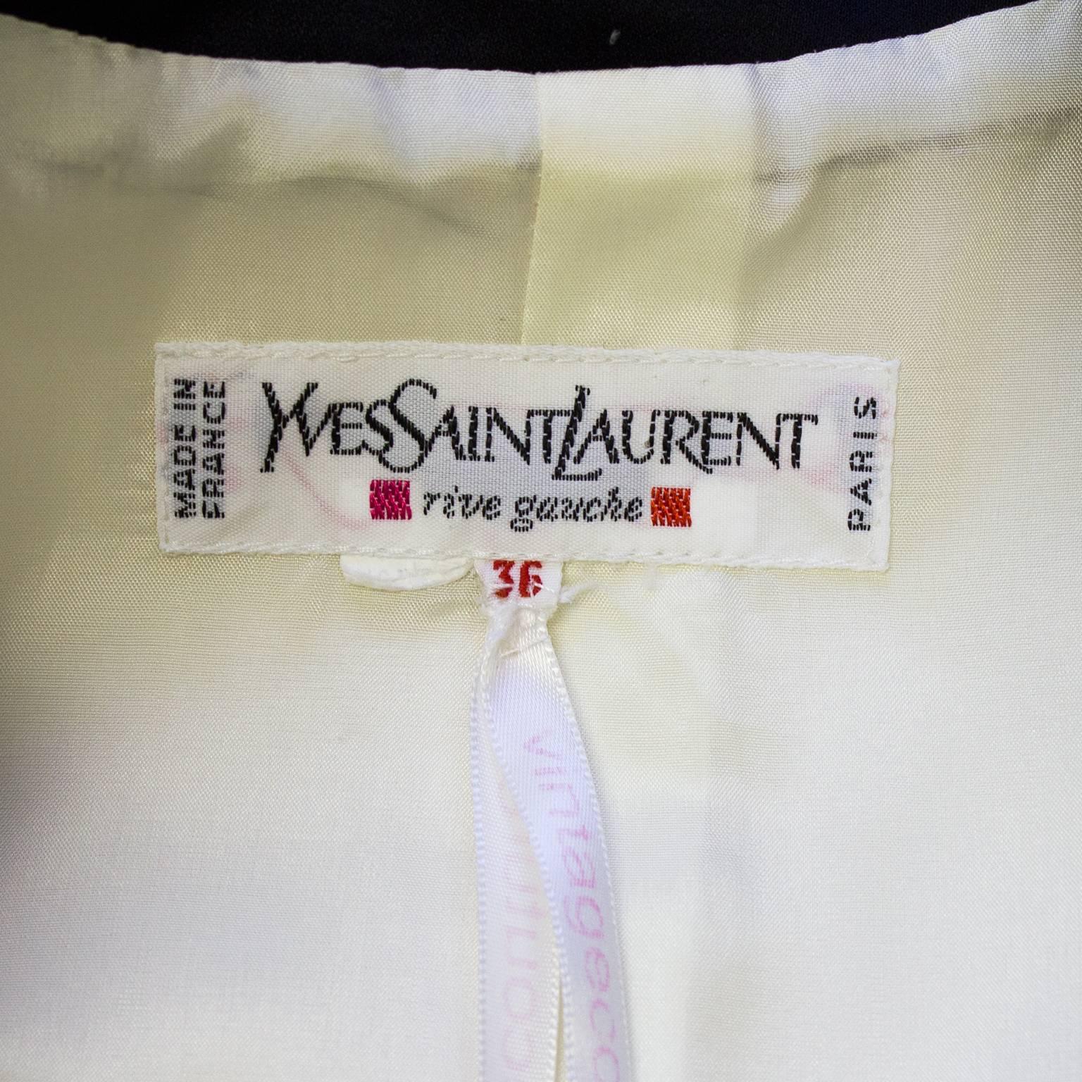 1980s Yves Saint Laurent/YSL Cream Cropped Jacket with Black Satin Trim  In Good Condition In Toronto, Ontario