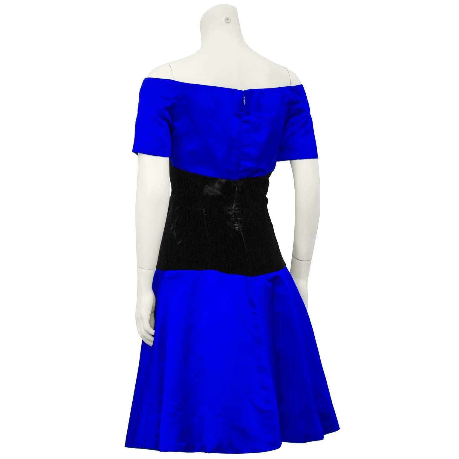 Purple 1980's Scaasi Royal Blue Satin and Black Velvet Cocktail Dress 