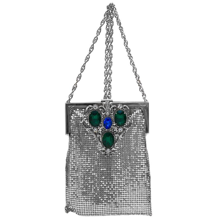 1940s Whiting and Davis Silver Metal Mesh Cross Body Evening Bag at