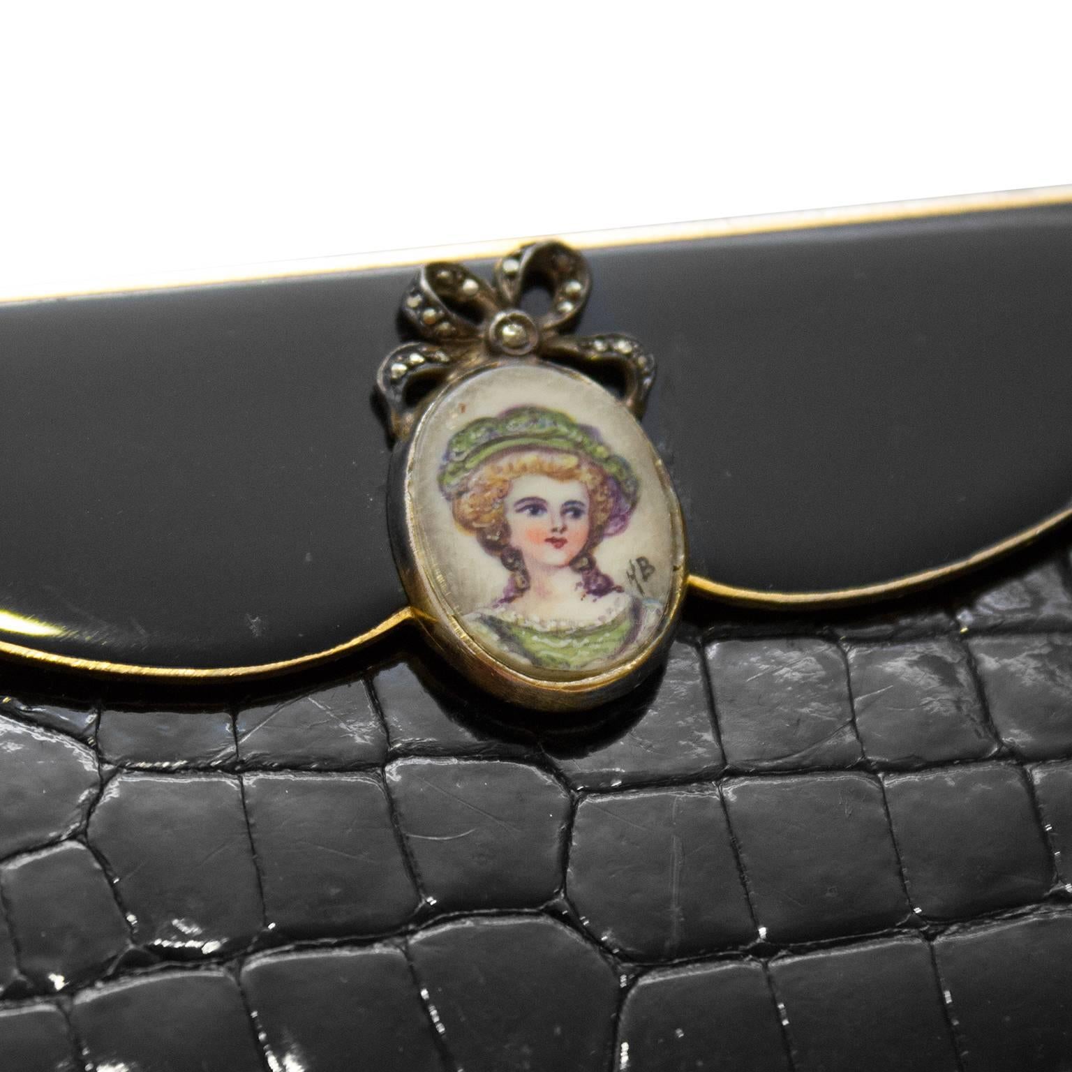 1950s Black Crocodile Clutch with Hand Painted Enamel Cameos  1