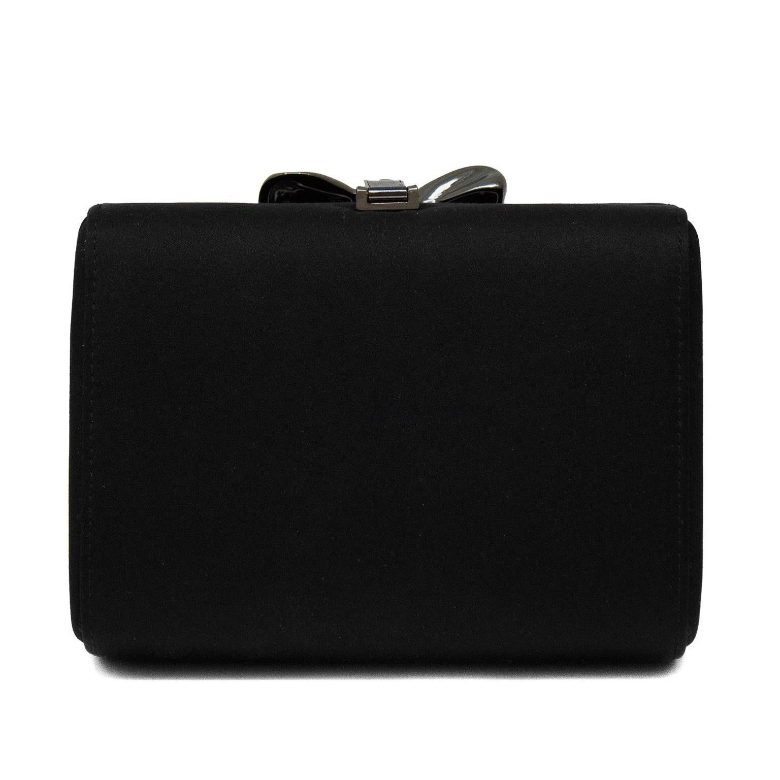 1980s Rodo Black Satin Clutch with  Metal Bow Detail  In Excellent Condition For Sale In Toronto, Ontario