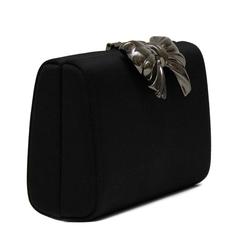 1980s Rodo Black Satin Clutch with  Metal Bow Detail