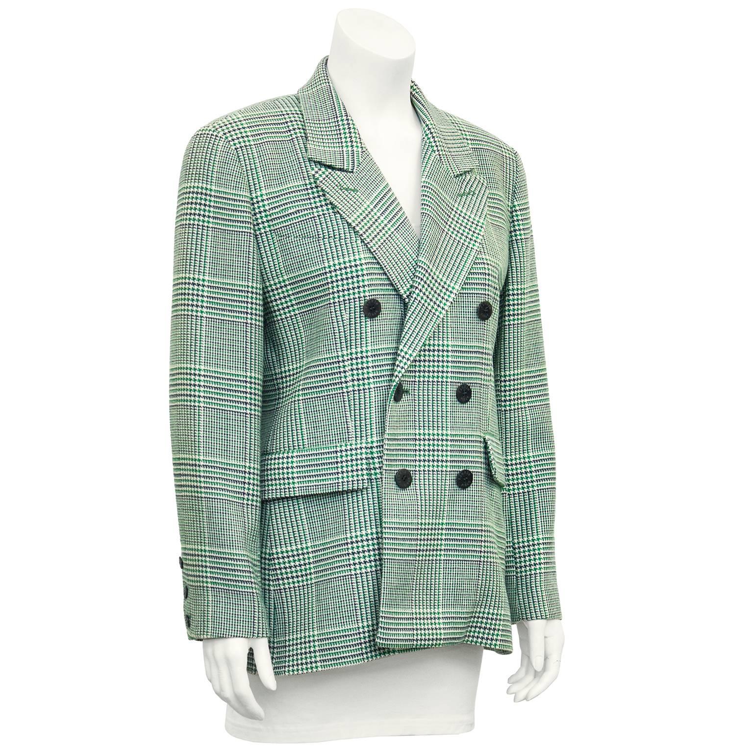 1990's Hermes wool and cashmere blend double breasted blazer. Green, black and white glen check, dark green silk lining. Great over jeans. Excellent vintage condition. FR 42, fits like US 8. The slightly oversized shoulder is very on trend for pre