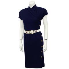 1980's Carolyne Roehm Navy Blue Wool Dress with Belt