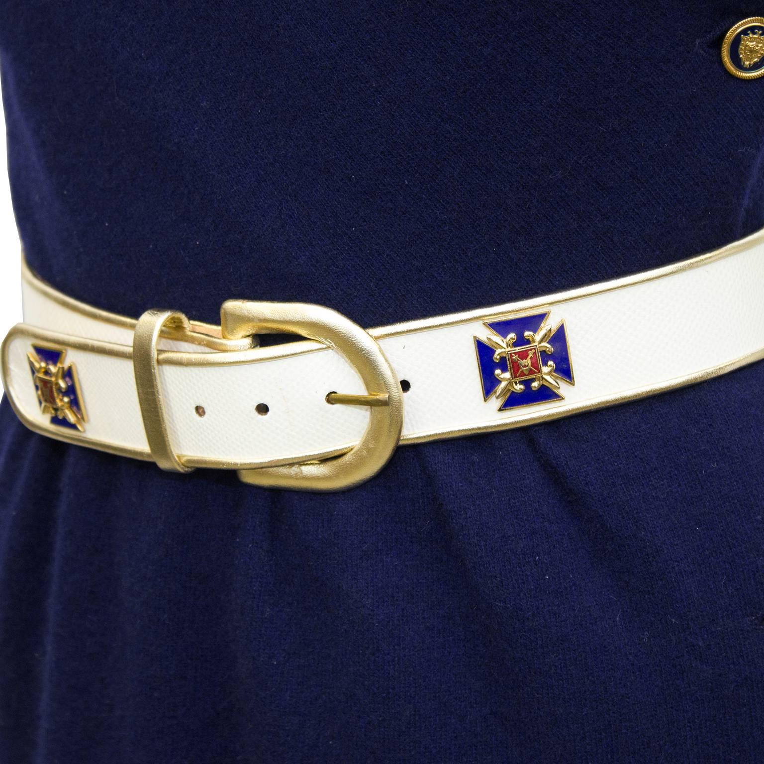 navy blue dress with gold belt