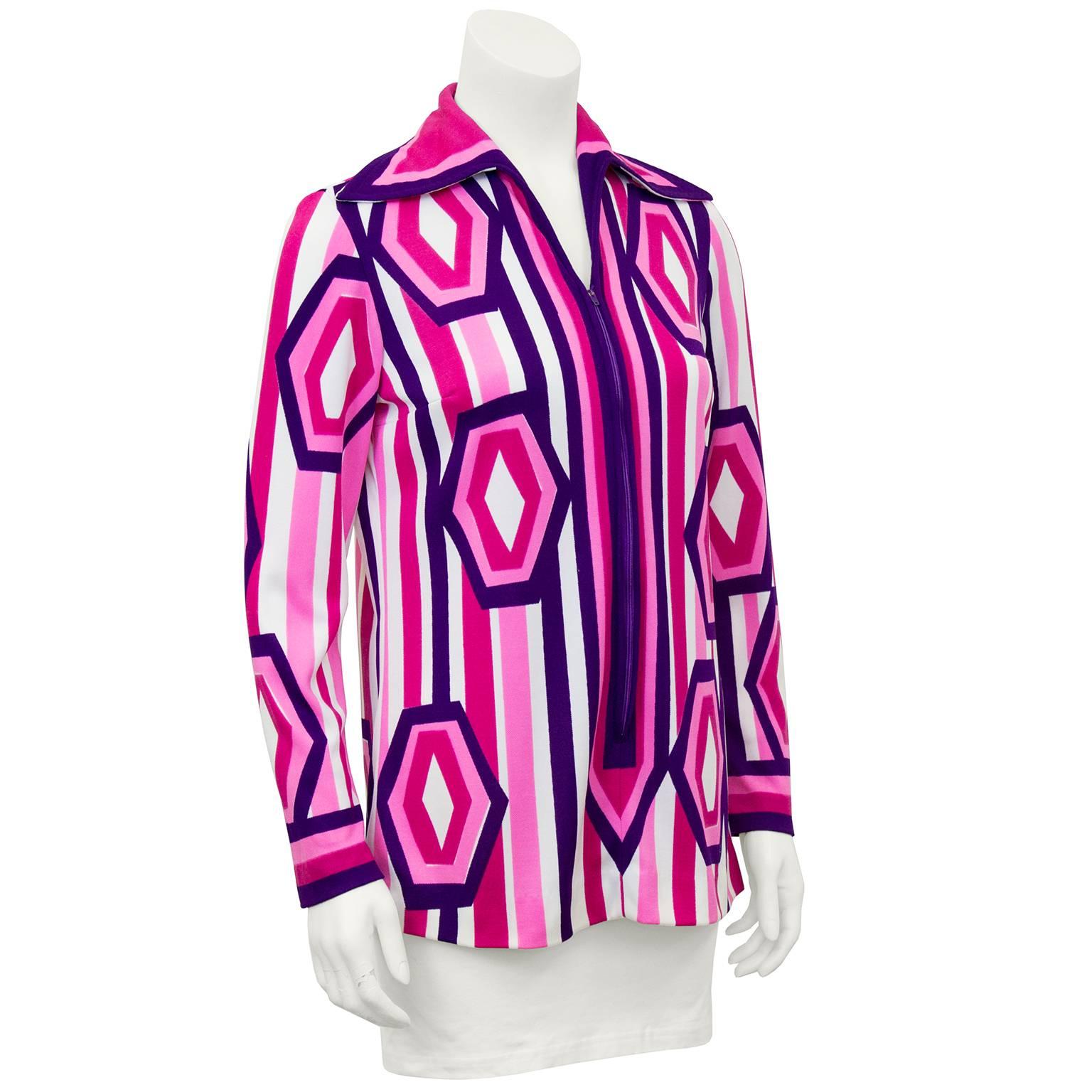Amazing and unworn 1960's Vera Mod-Style top in bright pink, purple and white. Very graphic and eye catching. Oversized, exaggerated collar, purple zipper up front, and signed polyester fabric. Excellent vintage condition. Fits like a US 6. Great