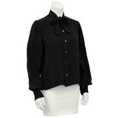 1980s Jean Halm Black Silk Pussybow Blouse