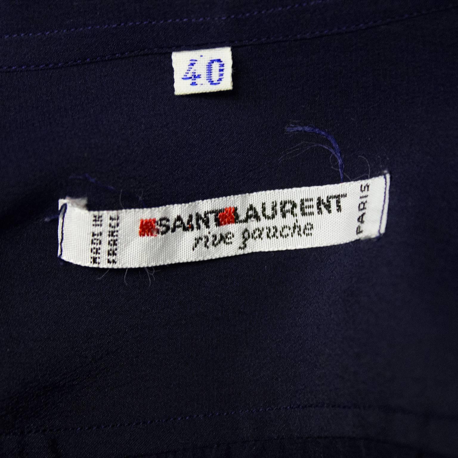 Women's 1980s Yves Saint Laurent/YSL Navy Blue Silk Blouse 