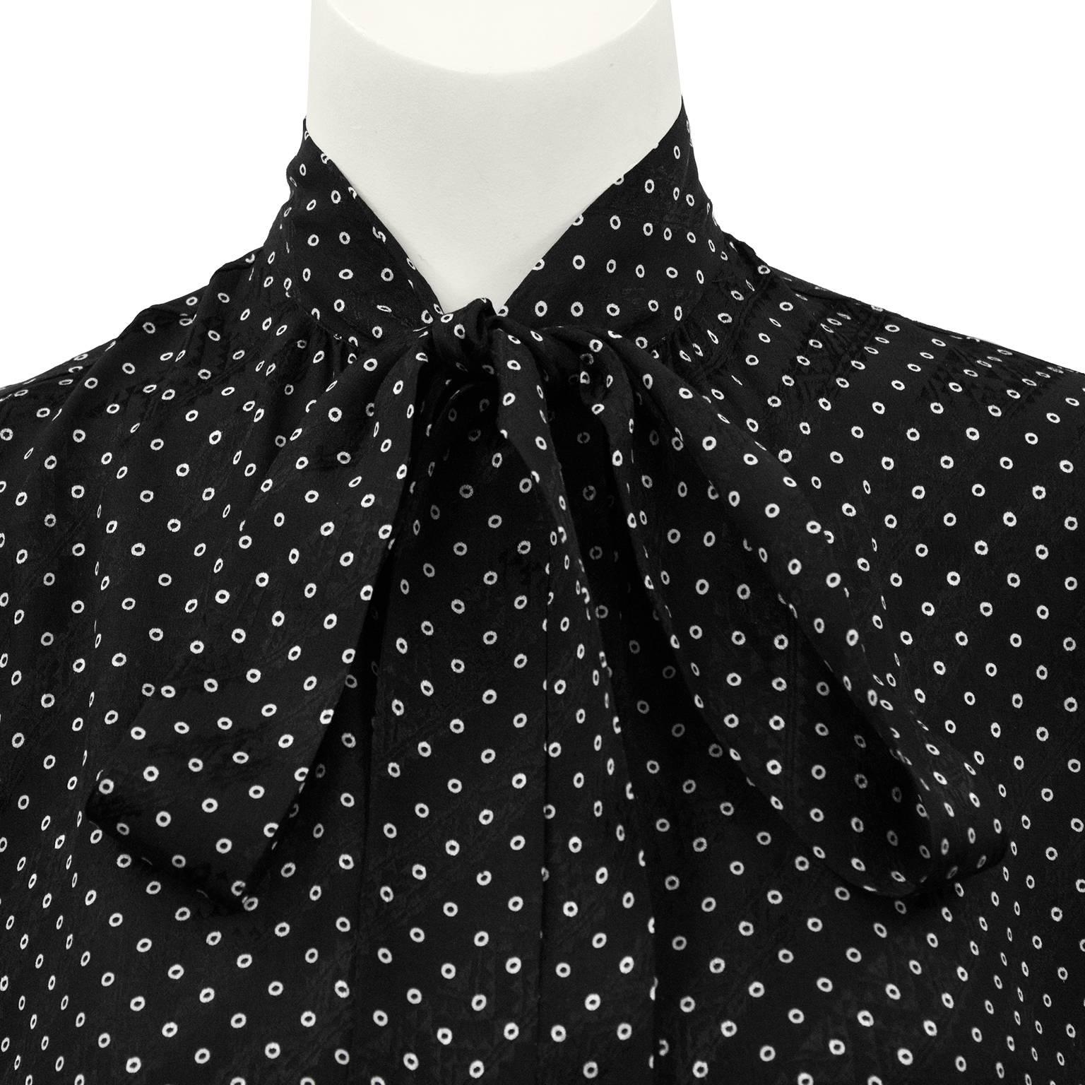 Women's 1980s Yves Saint Laurent/YSL Black and White Polka Dot Silk Shirt