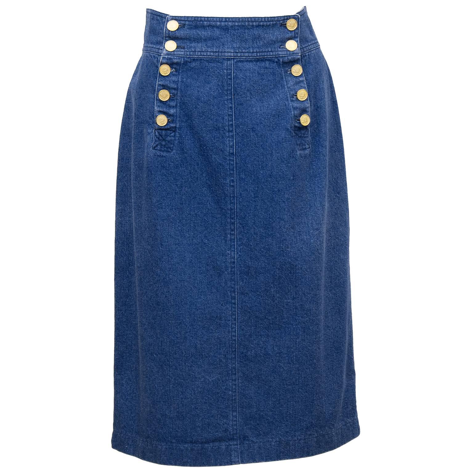 1990s Chanel Denim Skirt with Gold Buttons 