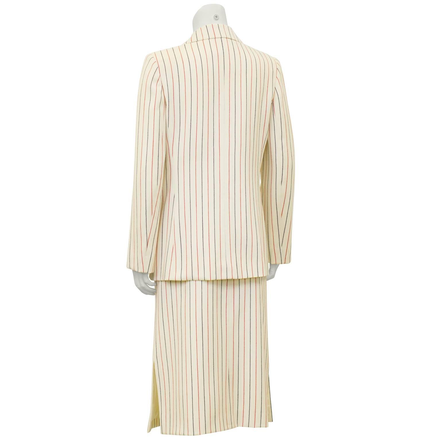 Beige Scherrer - Costume en laine à rayures épinglées, années 1980  en vente