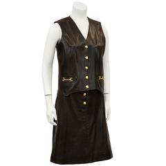 1970's Celine Brown Leather Vest & Skirt Ensemble