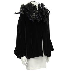 1980's Yves Saint Laurent/YSL Black Velvet Jacket with Feather Collar