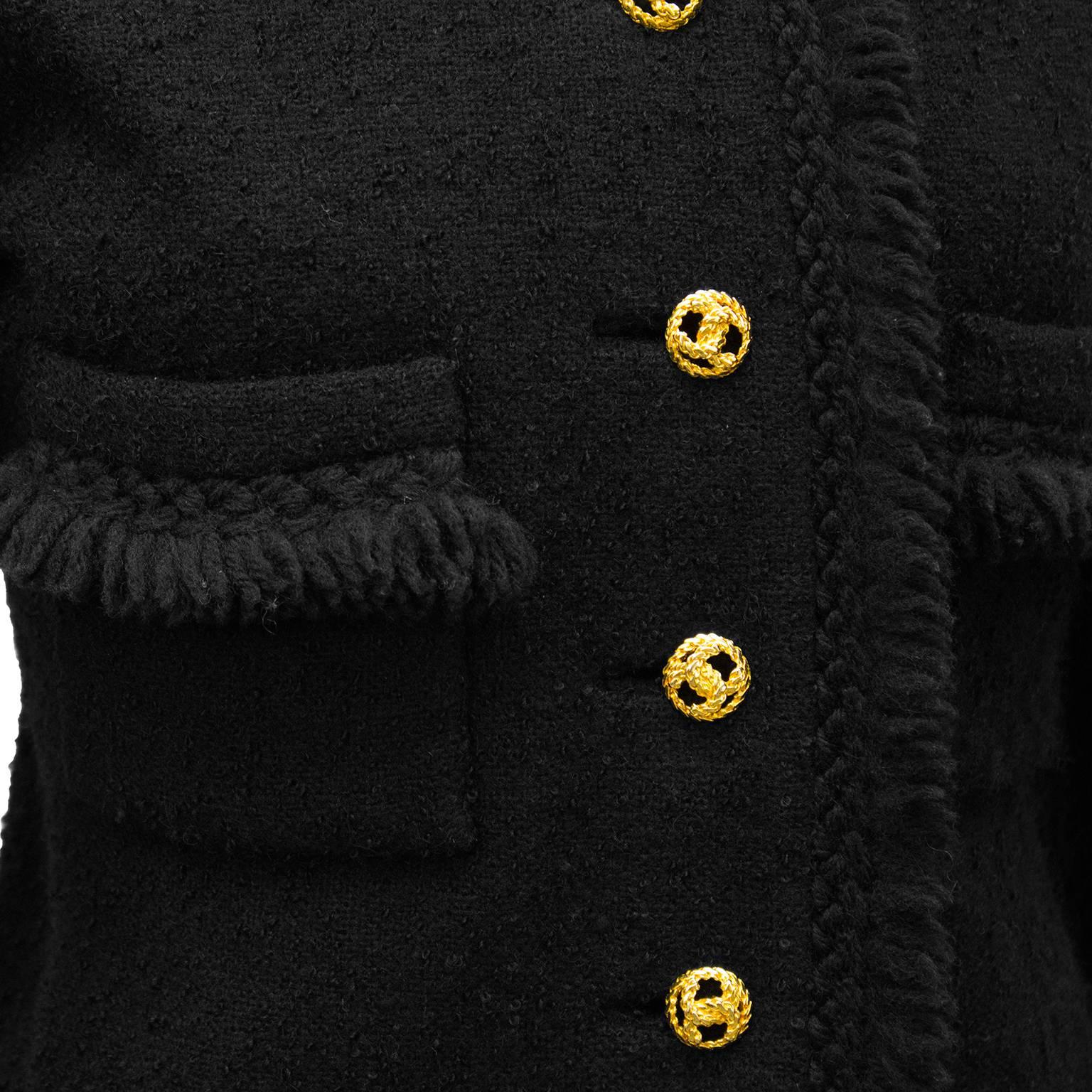1980's Chanel Black Boucle Jacket with Fringe  1