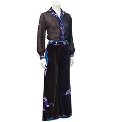 1970's Pucci Brown, Blue & Purple Chiffon Blouse & Velvet Pant Ensemble