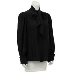 1980's BAMM Black Silk Pussy Bow Blouse