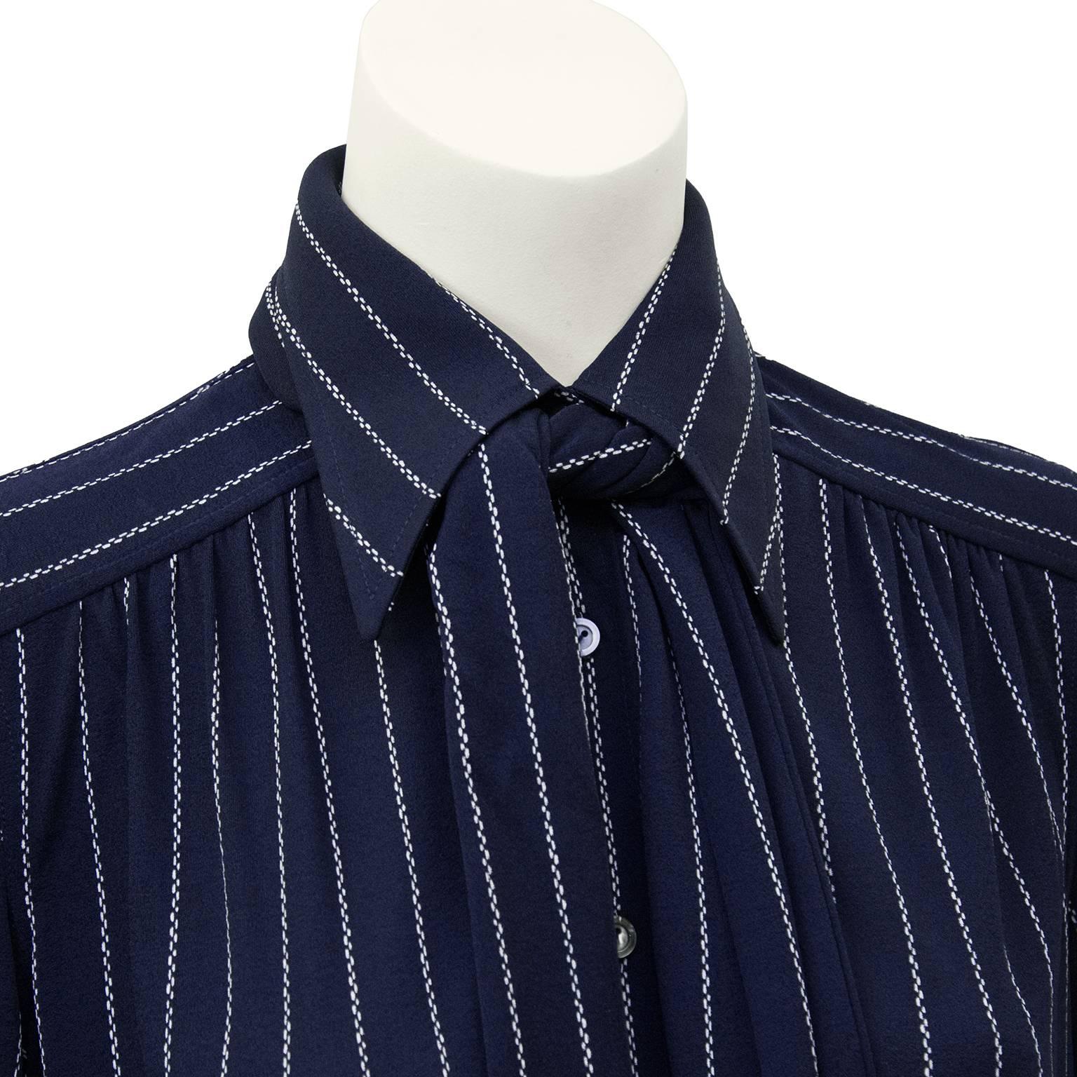Late 1970's Allieri Blue Silk Pin Stripe Blouse  In Excellent Condition In Toronto, Ontario
