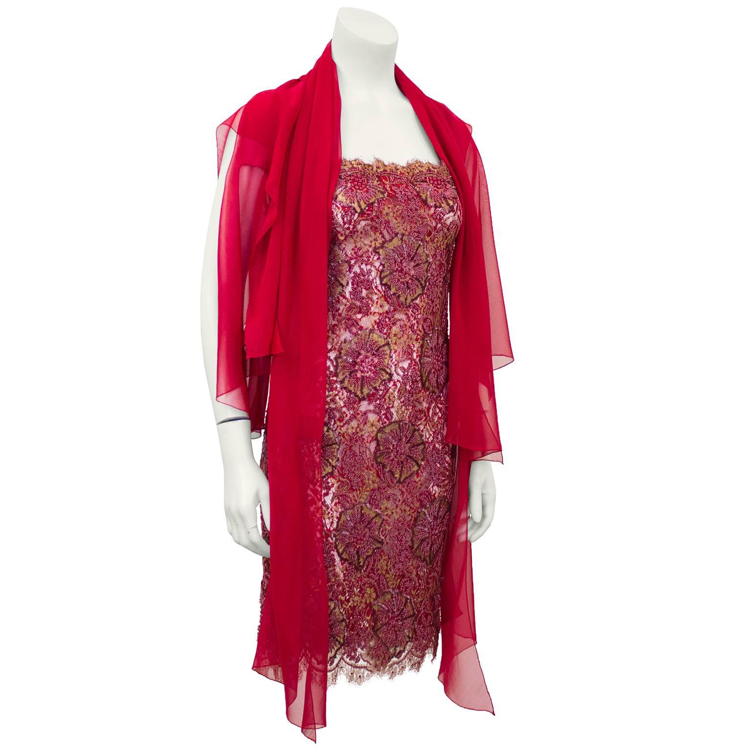 Women's 1960s Demi Couture Sheer Beaded Lace Mini Cocktail Dress with Chiffon Wrap For Sale