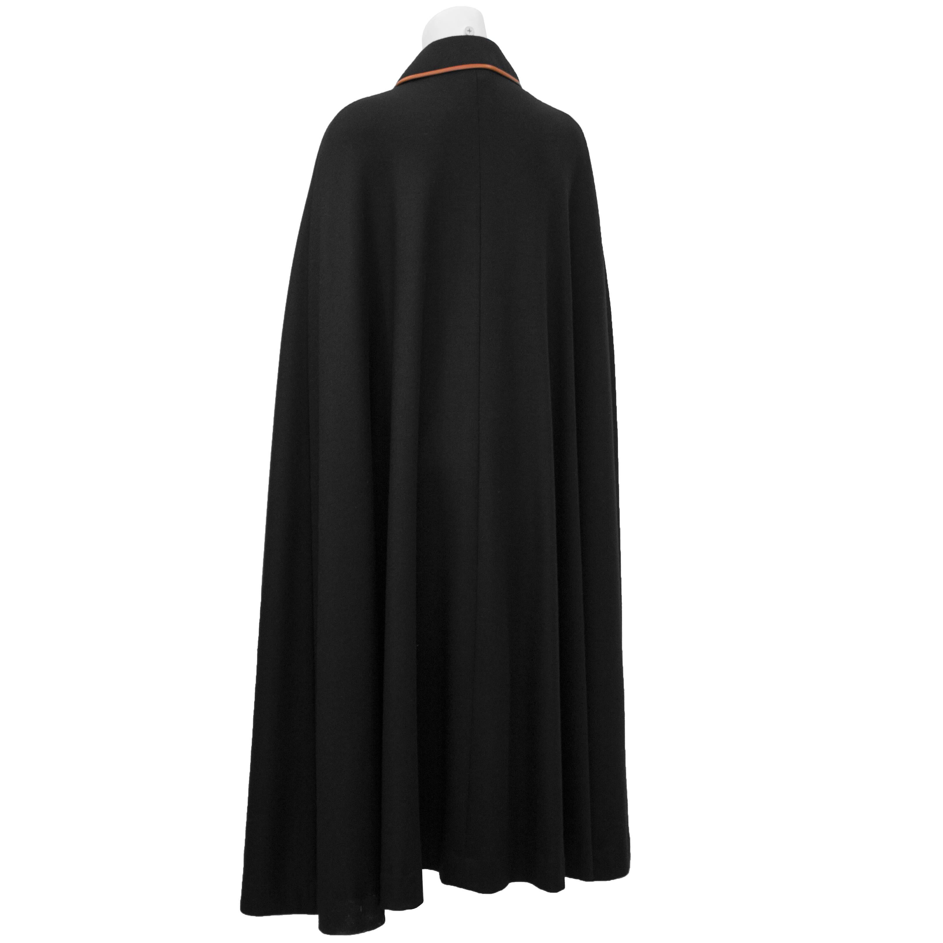 1970's Leather Trimmed Black Wool Cape and Skirt Ensemble  In Excellent Condition In Toronto, Ontario