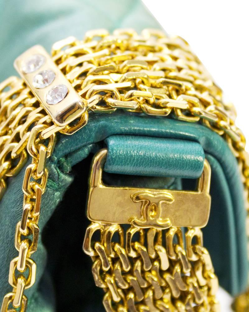 Blue 1980s Chanel Emerald Green Silk Bag with Gold Chain 