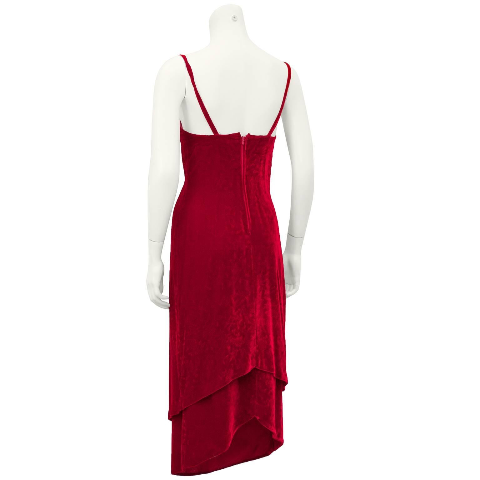 1980s Sonia Rykiel slip dress and skirt. Red velvet slip dress can be worn with or without matching red velvet slip skirt. When worn together, matching velvet bottom on skirt hangs under dress creating a very unique hemline - longer in the front and