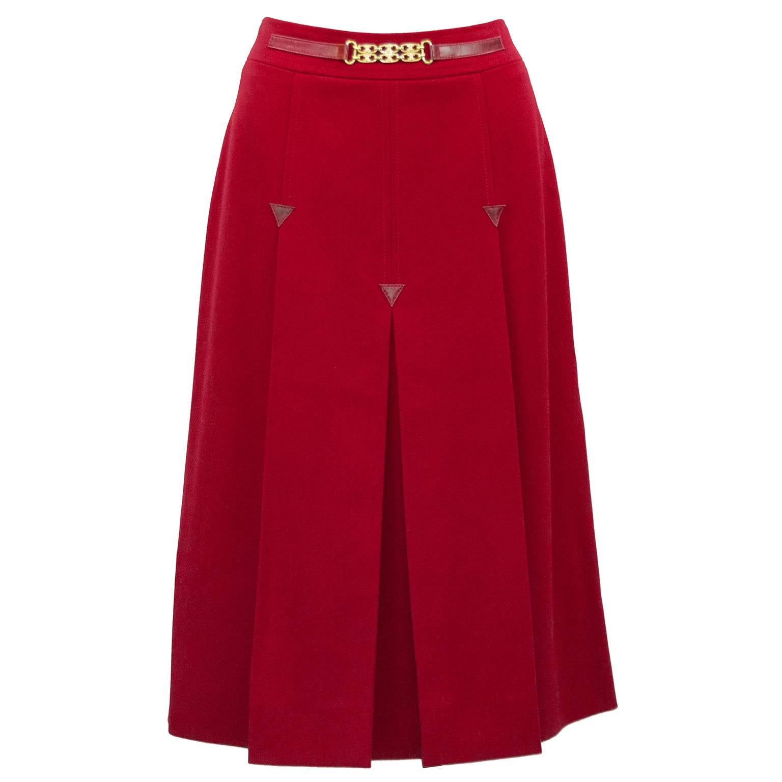 1970s Celine Red Wool Skirt