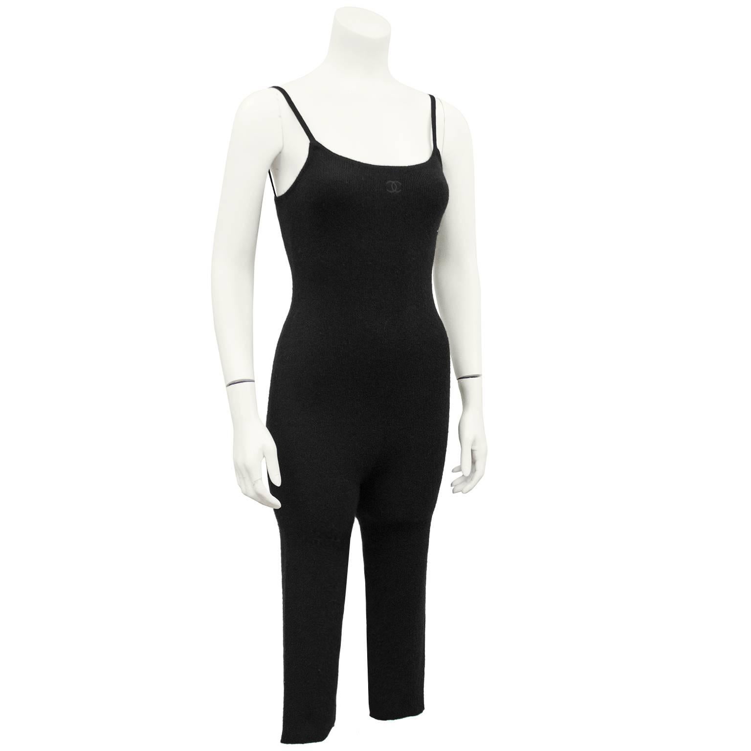 1990's gorgeous Chanel Scottish ribbed cashmere tank style one piece catsuit with cropped legs. Small tonal black Chanel CC logo center front. Perfect for under ski attire or for a cozy winter night by the fire. Excellent vintage condition. Fits