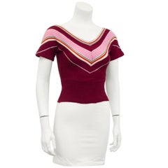 Pull à rayures à chevrons marron, rose et vert Dorothe Bis des années 1960