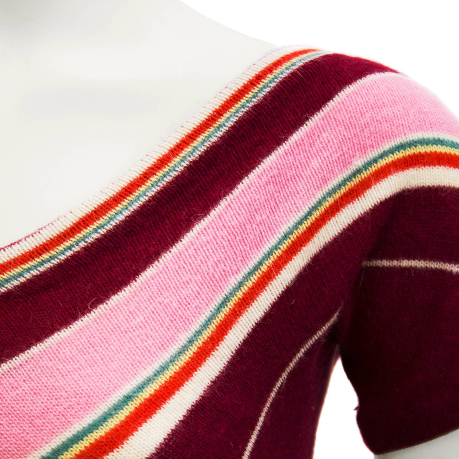 Red 1960s Dorothe Bis Maroon, Pink and Green Chevron Stripe Sweater