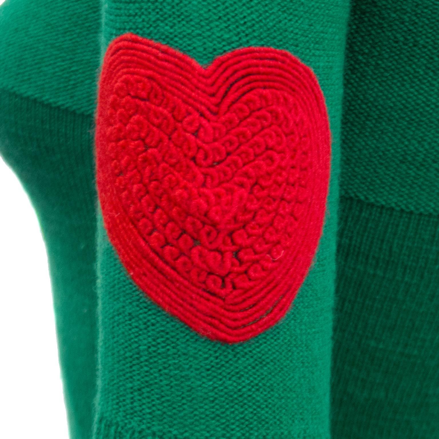 Women's 1960's Green Wool Sweater with Heart Patches 