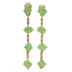 1980s Valentino Long Gold Tone and Sea Foam Clip Back Green Earrings 