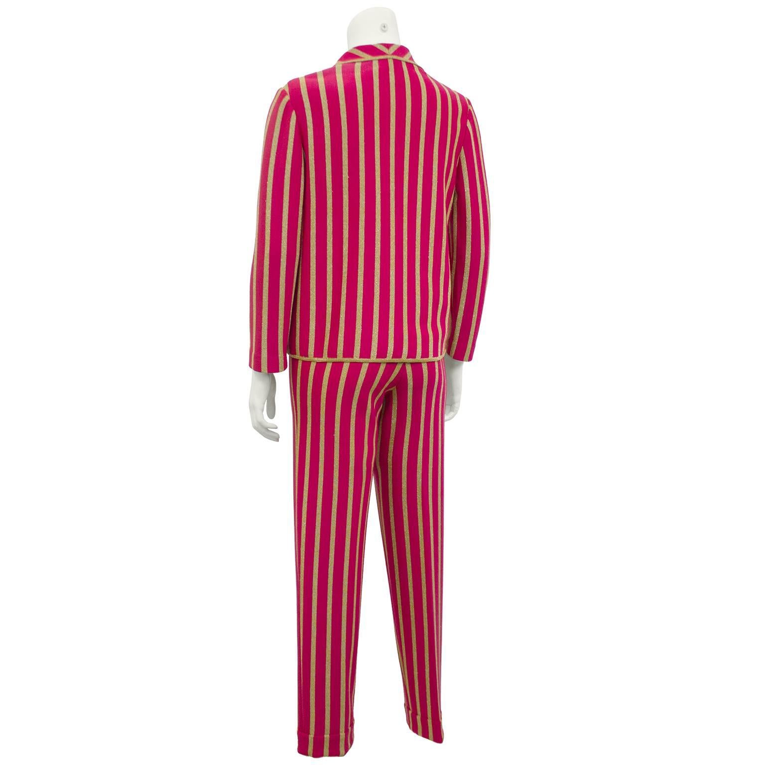 Red 1960s Gino Paoli Raspberry and Gold Lurex Vertical Stripe 3pc. Knit Suit 