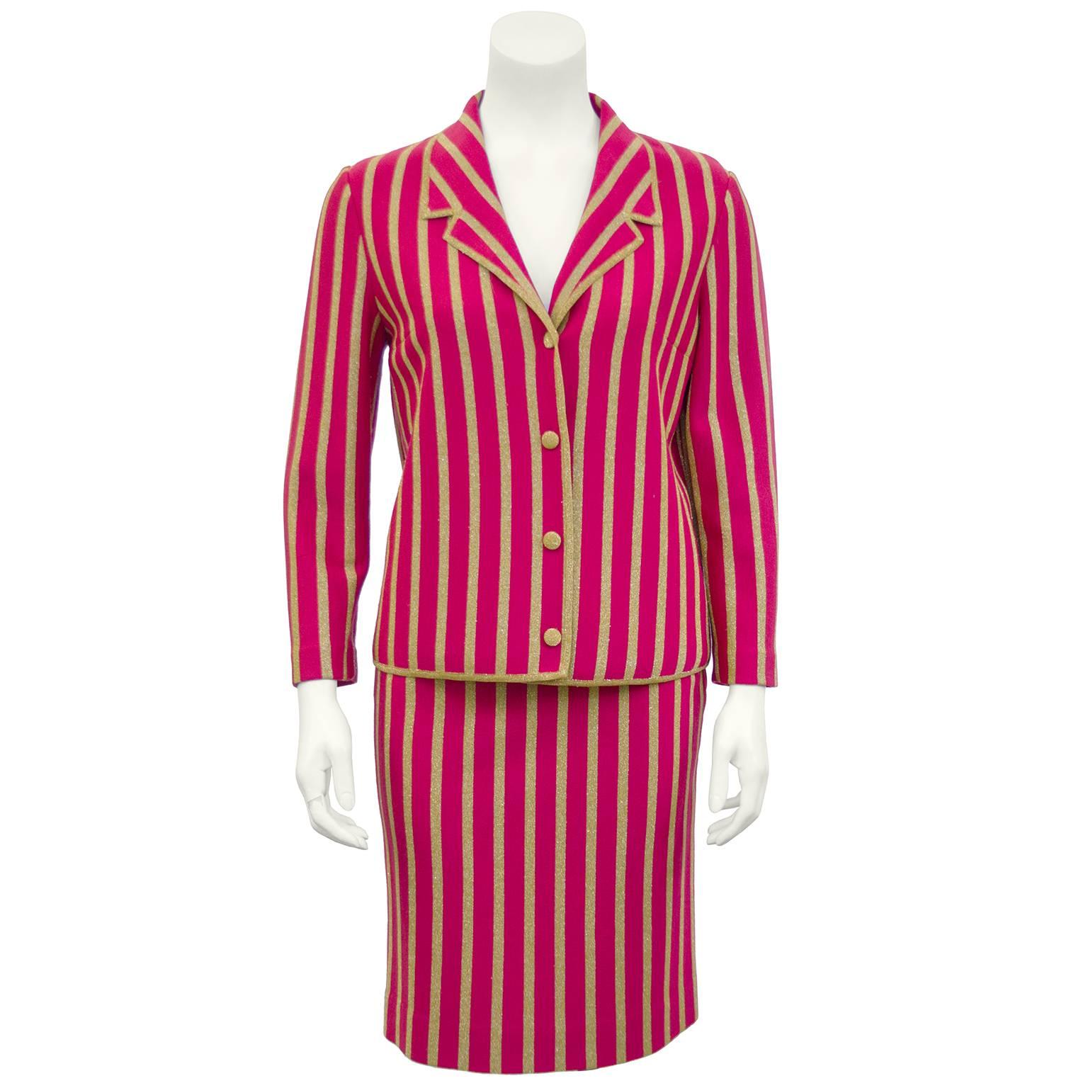 1960s Gino Paoli Raspberry and Gold Lurex Vertical Stripe 3pc. Knit Suit  In Excellent Condition In Toronto, Ontario