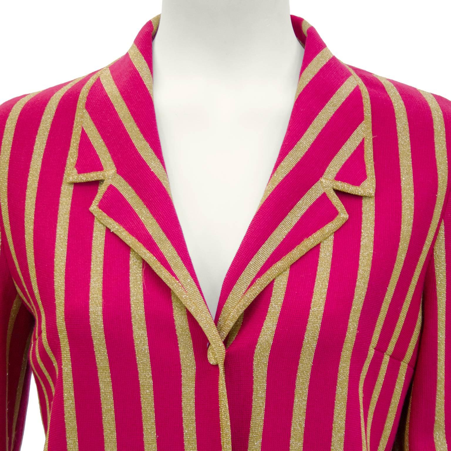 Women's 1960s Gino Paoli Raspberry and Gold Lurex Vertical Stripe 3pc. Knit Suit 