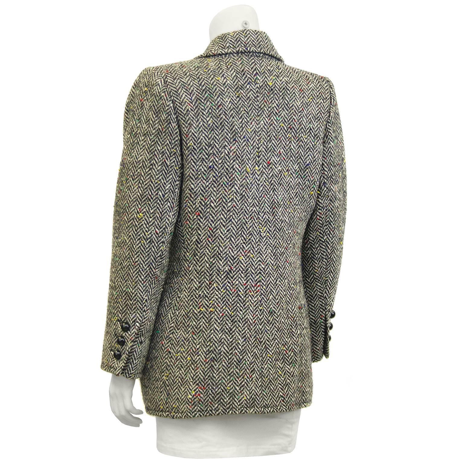 Gray 1980s Black and White Herringbone Wool Jacket with Color Specks 