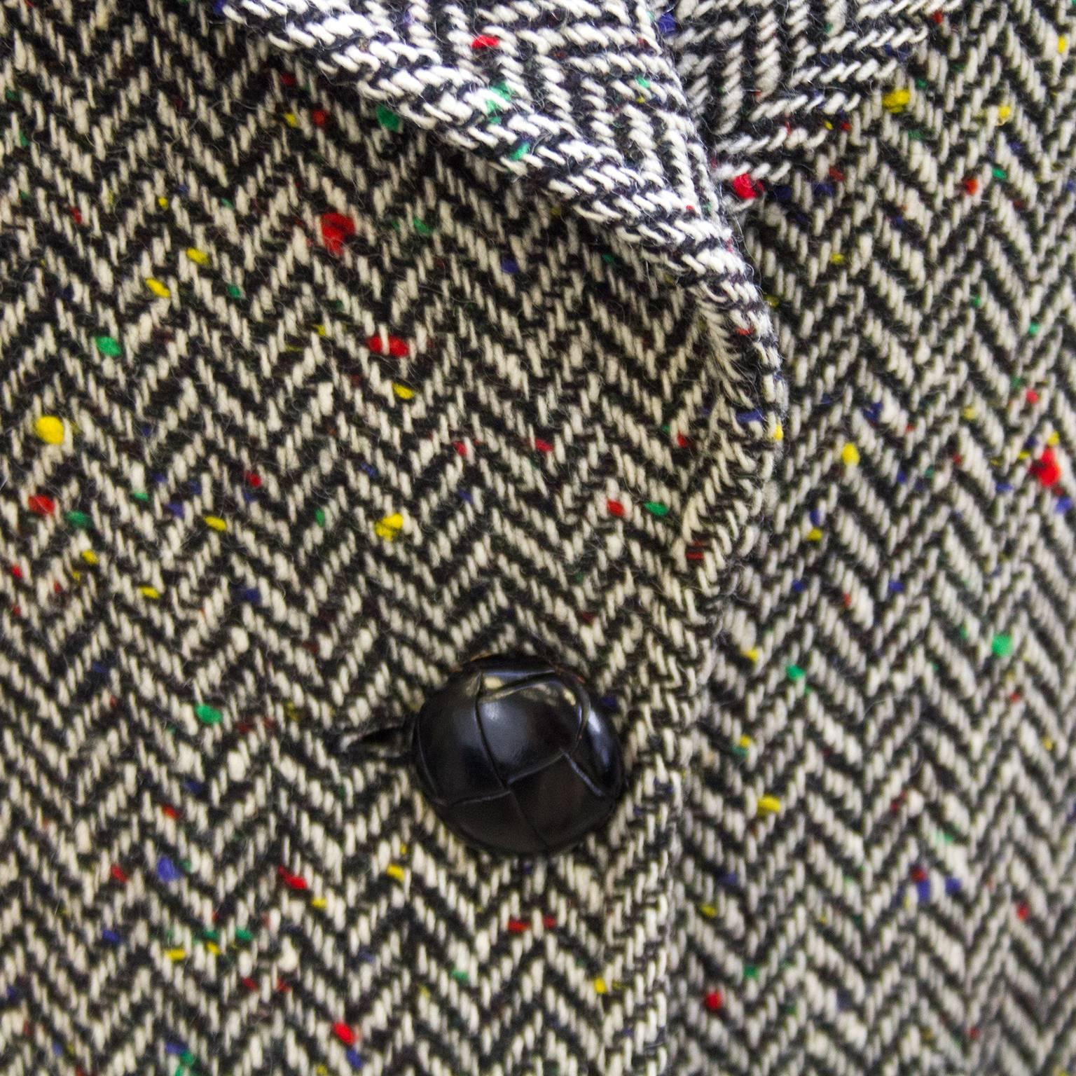 Women's 1980s Black and White Herringbone Wool Jacket with Color Specks 