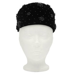 1950s Nina Ricci Black Velvet Pill Box Hat with Black Jet Beading