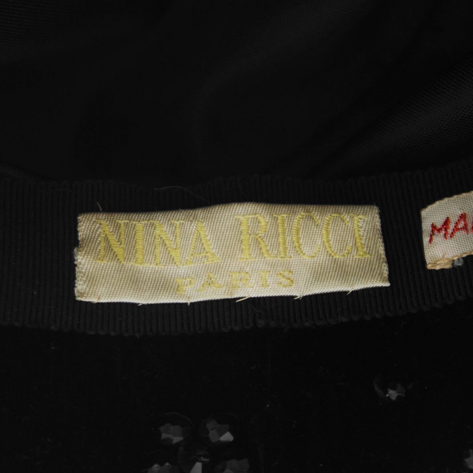 Women's 1950s Nina Ricci Black Velvet Pill Box Hat with Black Jet Beading 