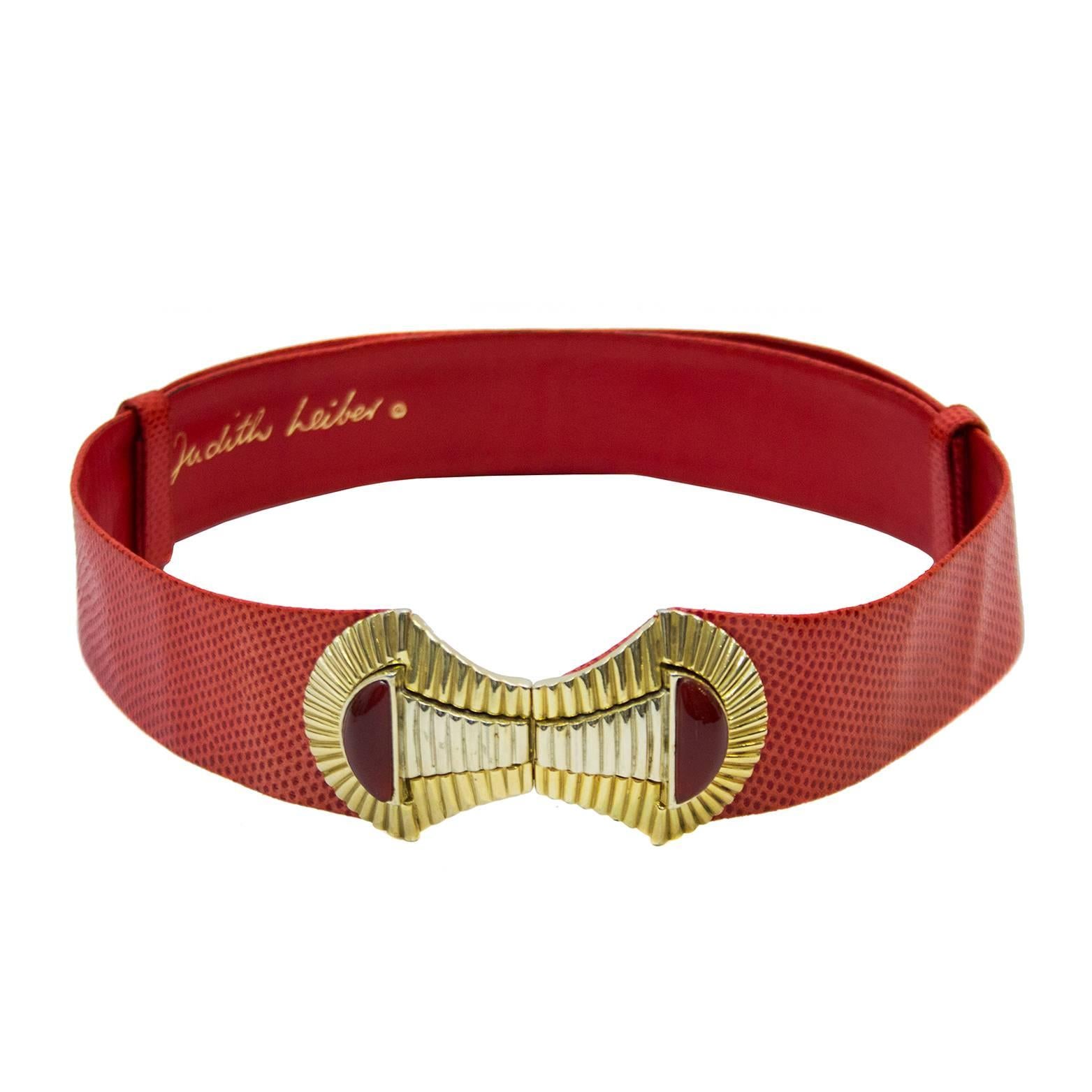 1980s Judith Leiber Red Lizard Belt with Gold Details
