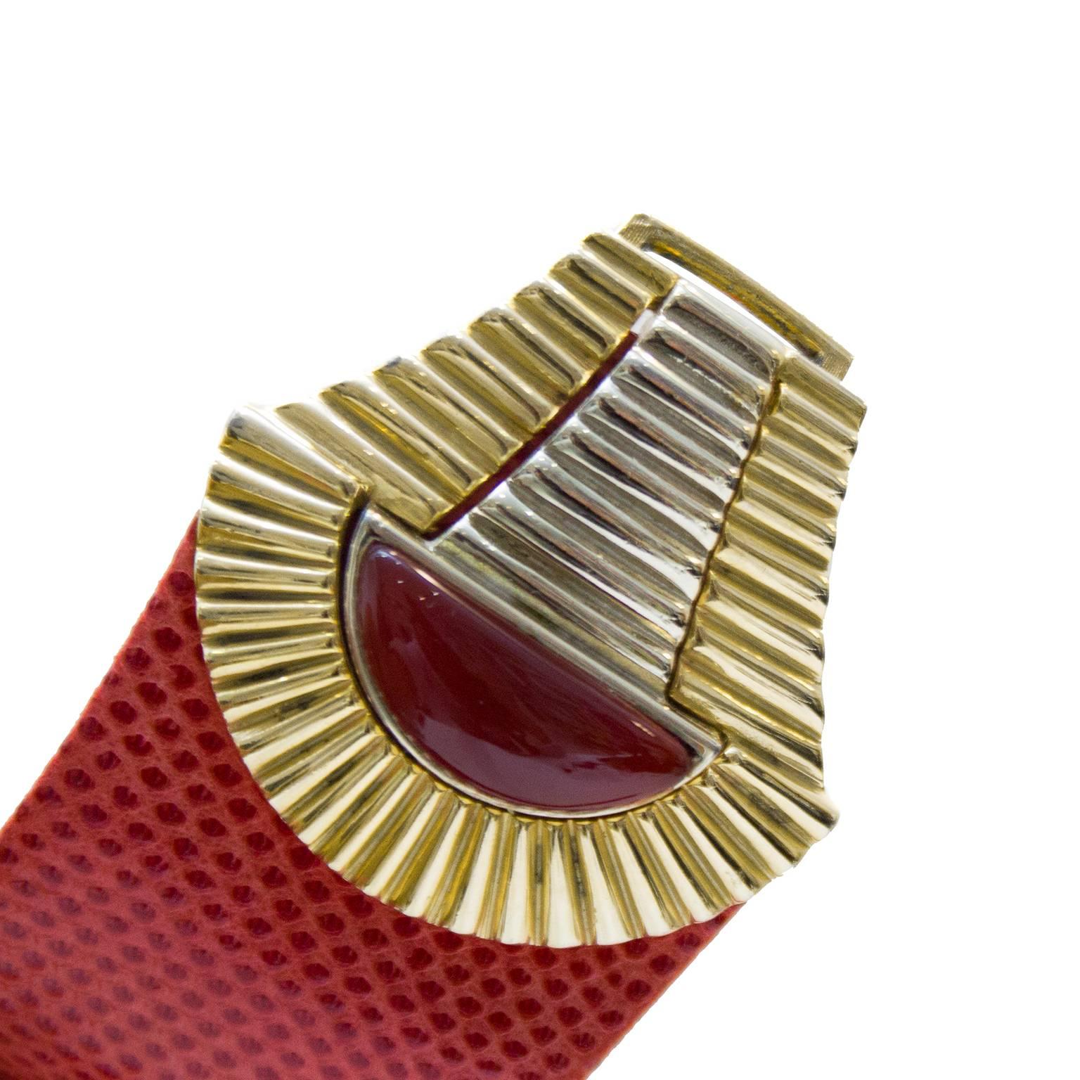 1980s Judith Leiber Red Lizard Belt with Gold Details In Excellent Condition In Toronto, Ontario