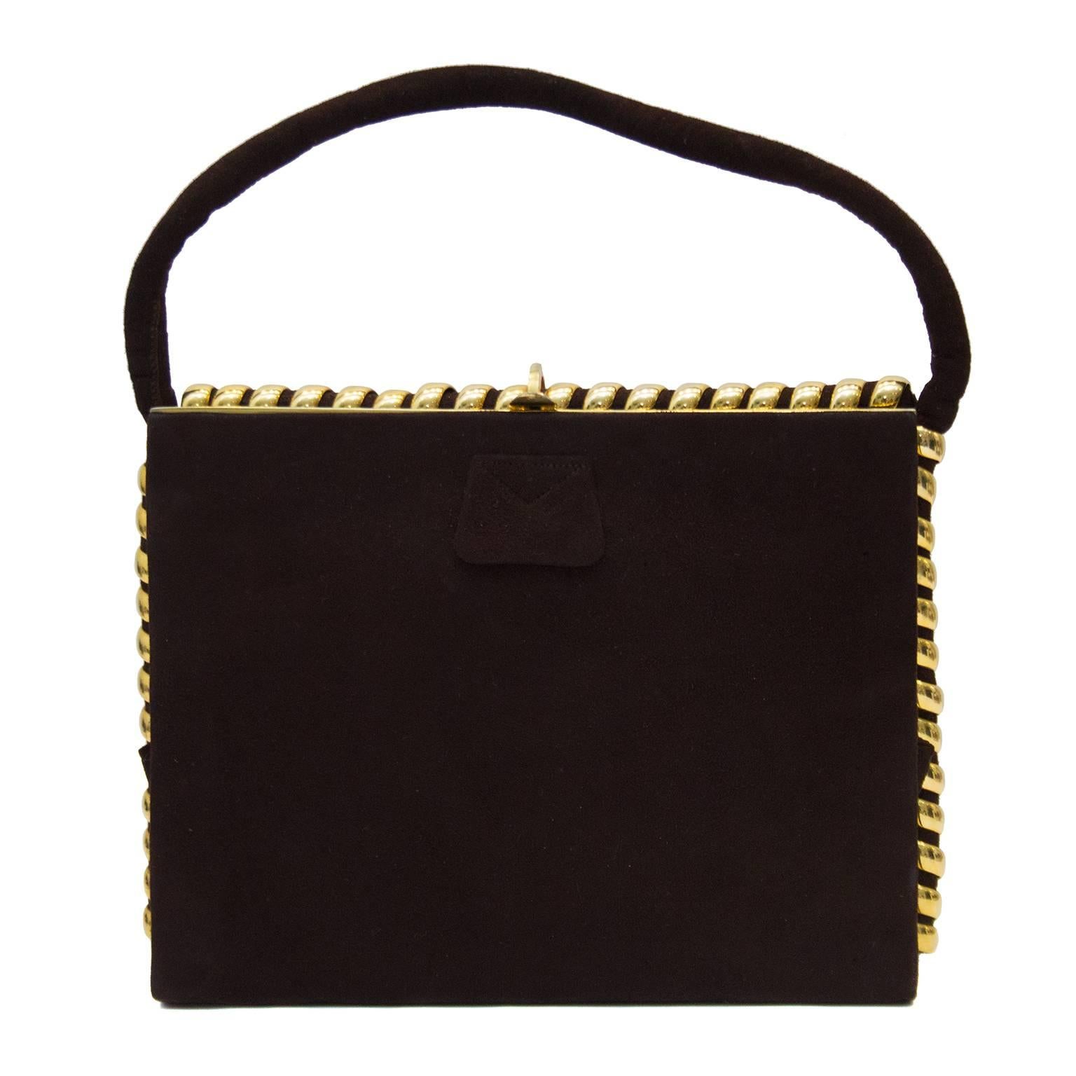 Black 1940s Brown Suede Evening Bag with Gold Initial Details