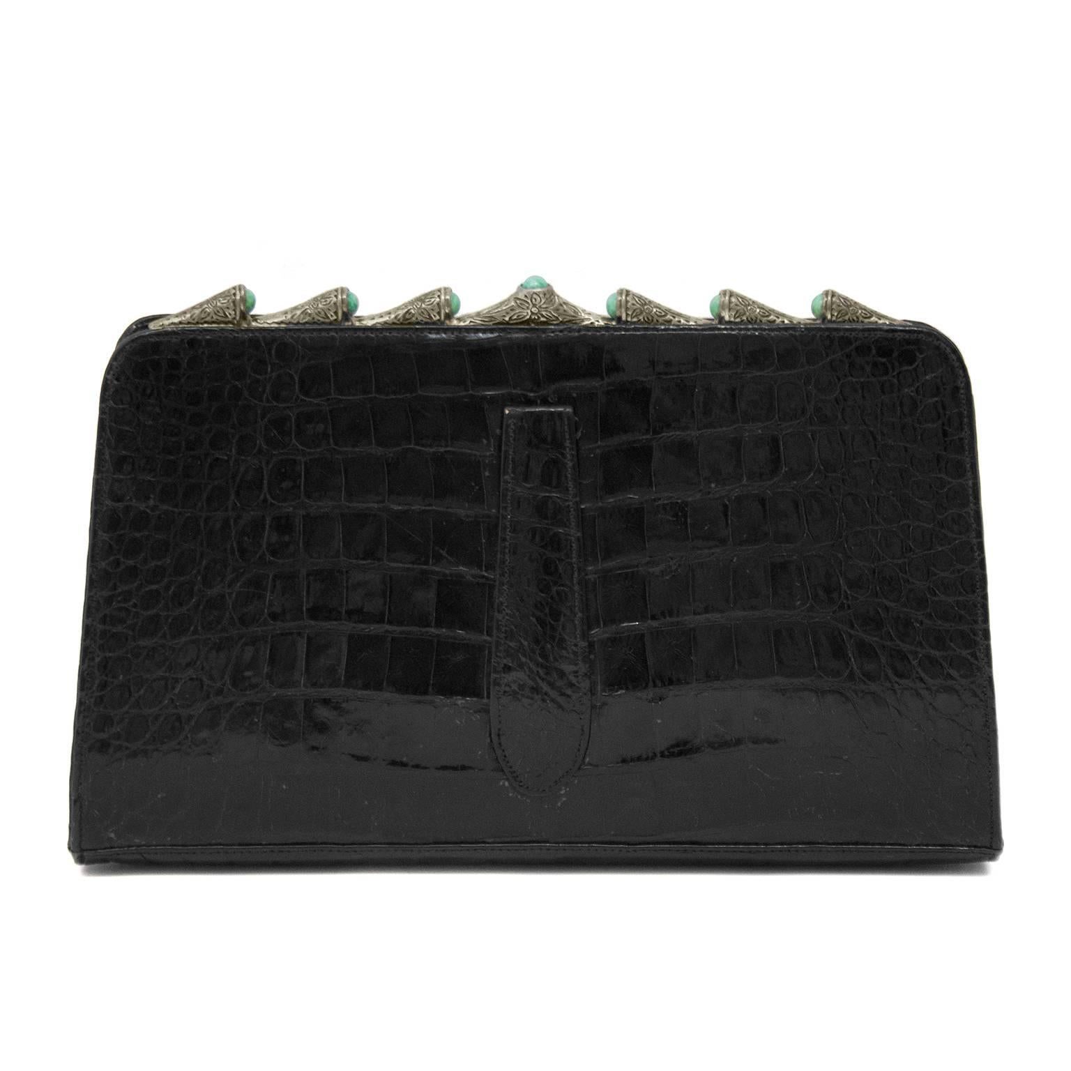 1950s Black Croc Evening Clutch with Silver and Turquoise Details In Excellent Condition In Toronto, Ontario