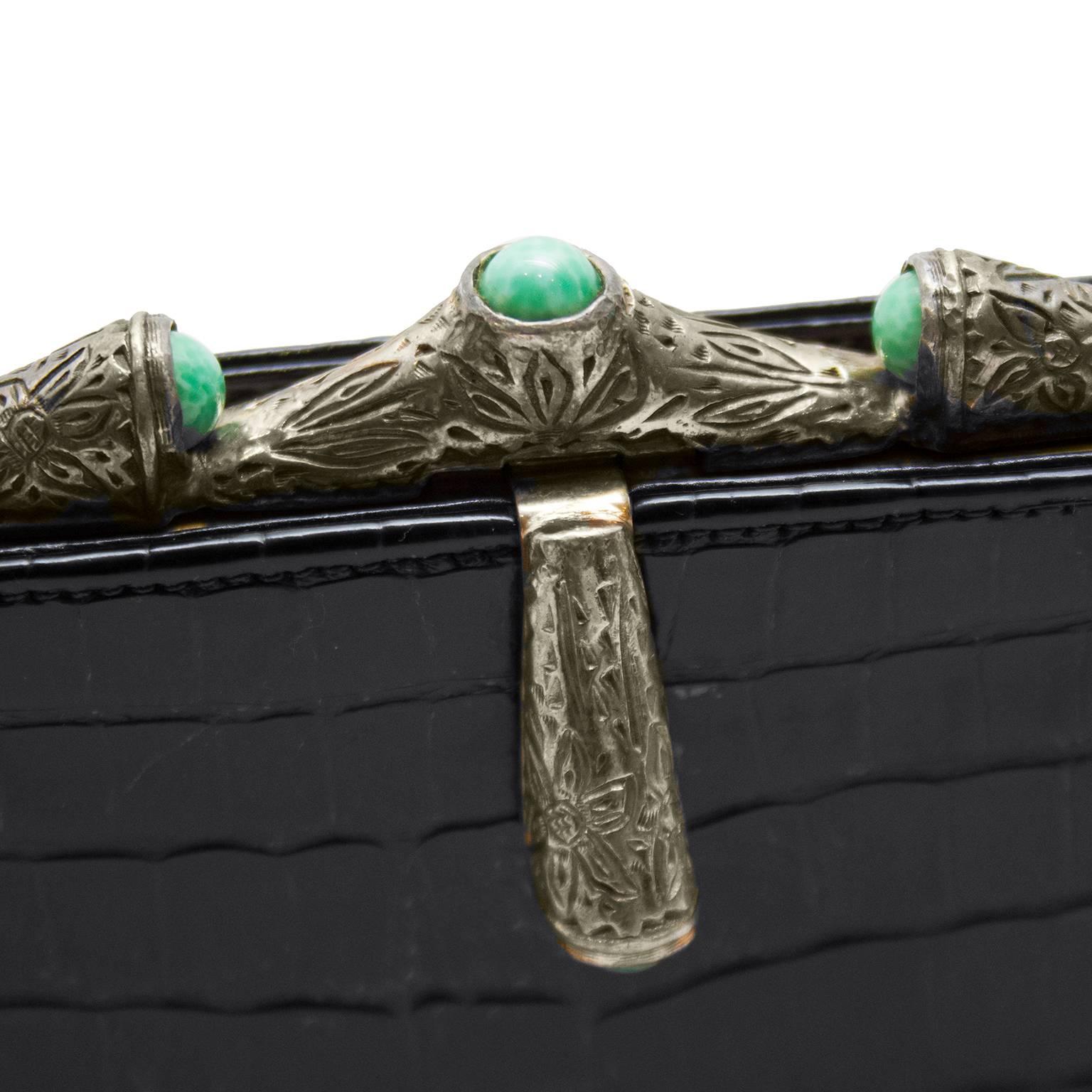 Women's 1950s Black Croc Evening Clutch with Silver and Turquoise Details