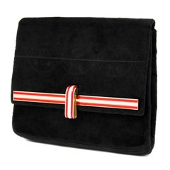 Vintage 1950s Midnight Navy Cut Velvet Clutch with Red and White Enamel Clasp 