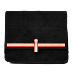 1950s Midnight Navy Cut Velvet Clutch with Red and White Enamel Clasp