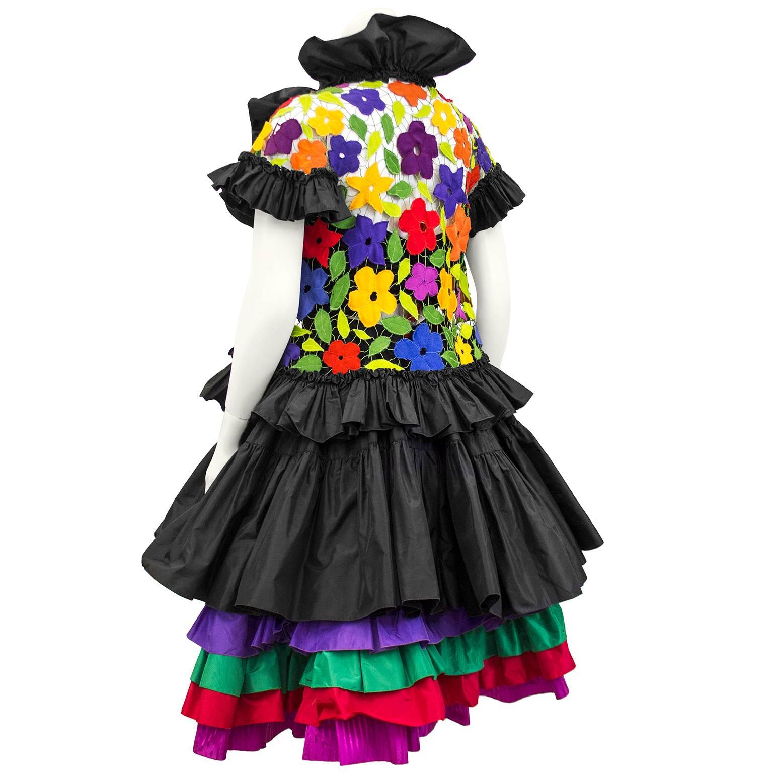 1980s 3 pc ensemble by Canadian demi couture designer Maggie Reeves. Black silk taffeta bustier, taffeta skirt with multi colour layers and macrame floral multi colour jacket with black taffeta trim. Can be worn all together for a fab evening look